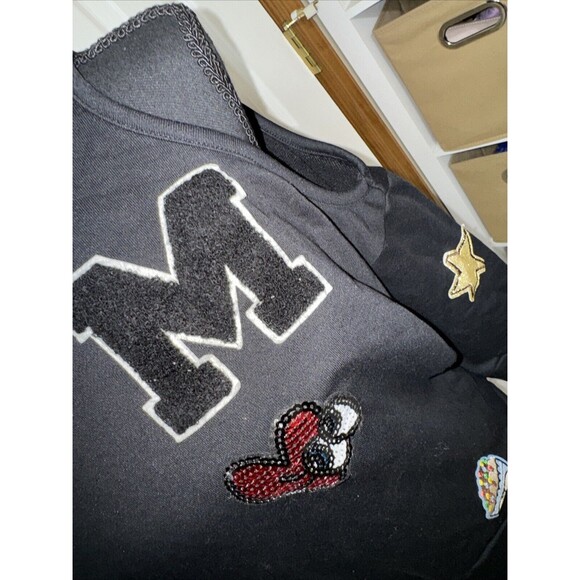 womens varsity y2k sweater black patches hip hop cold shoulder S - Picture 4 of 5